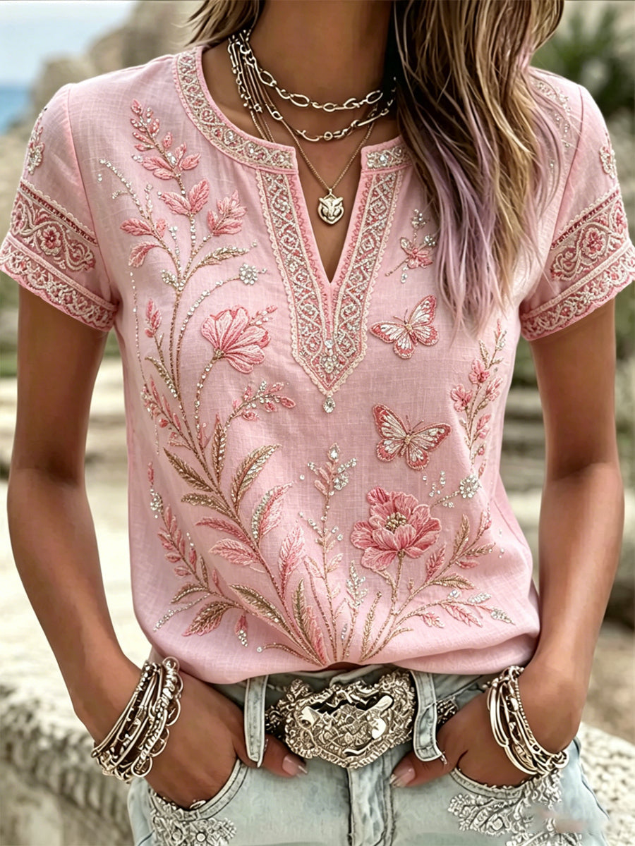 Women's Breast Cancer Pink Flowers Print V-Neck Casual T-Shirt gracestitchs