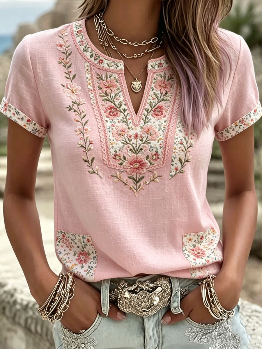Women's Pink Floral Print short-sleeved T-shirt gracestitchs