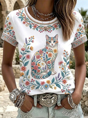 Women's Floral Cats Print Casual Tee gracestitchs