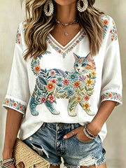 Women's Floral Cats Print Casual V-Neck Shirt gracestitchs