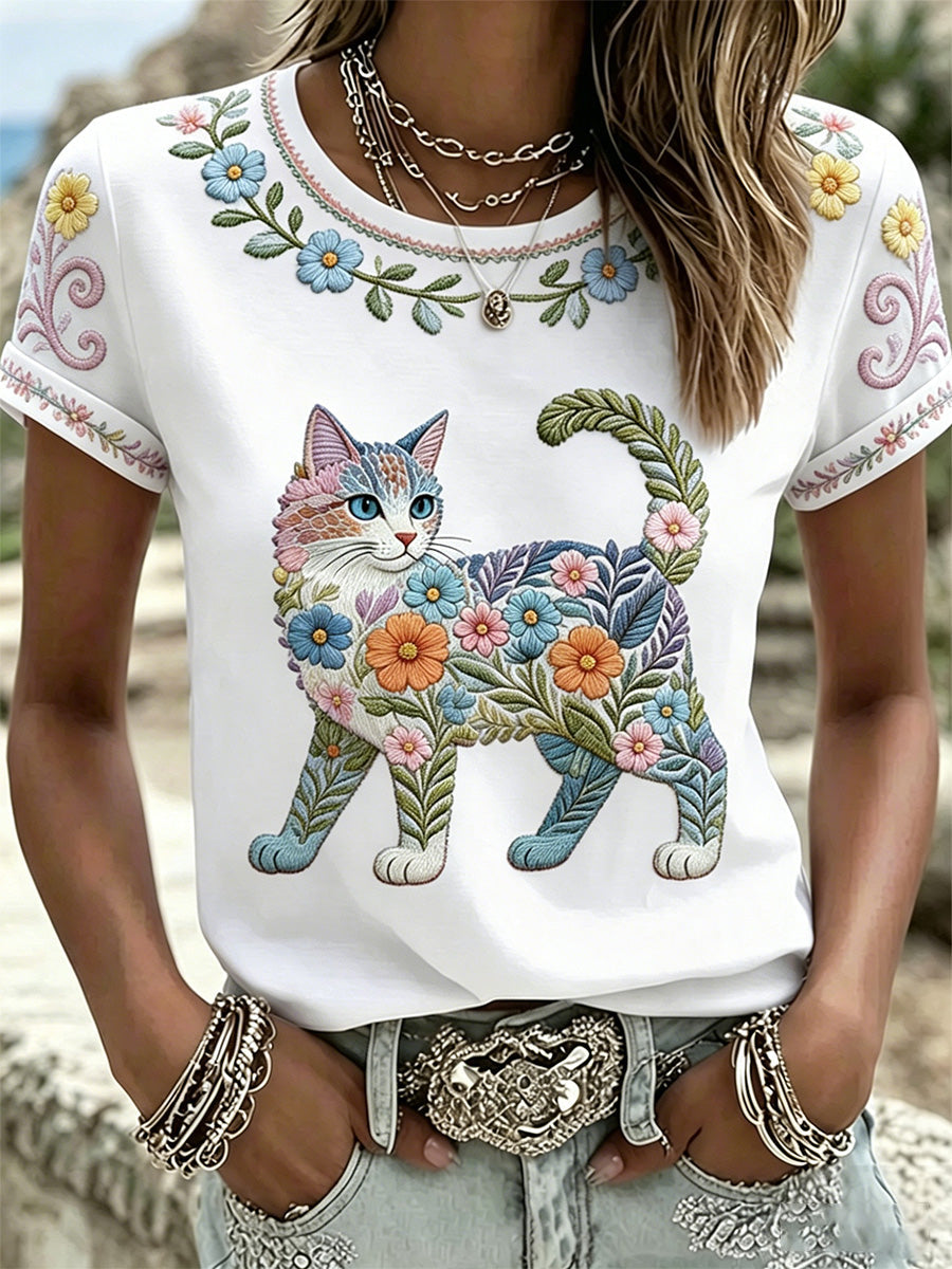 Women's Floral Cats Print Casual Tee gracestitchs