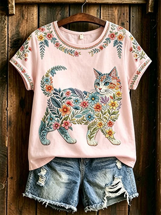 Women's Floral Cats Print Casual Tee gracestitchs