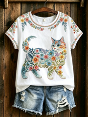 Women's Floral Cats Print Casual Tee gracestitchs
