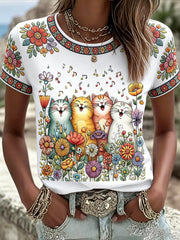 Women's Cute Floral Cats Print Casual Tee gracestitchs
