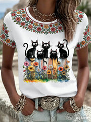 Women's Cute Floral Black Cats Print Casual Tee gracestitchs