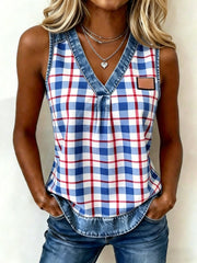 Women's Plaid Print Denim Patchwork Top gracestitchs