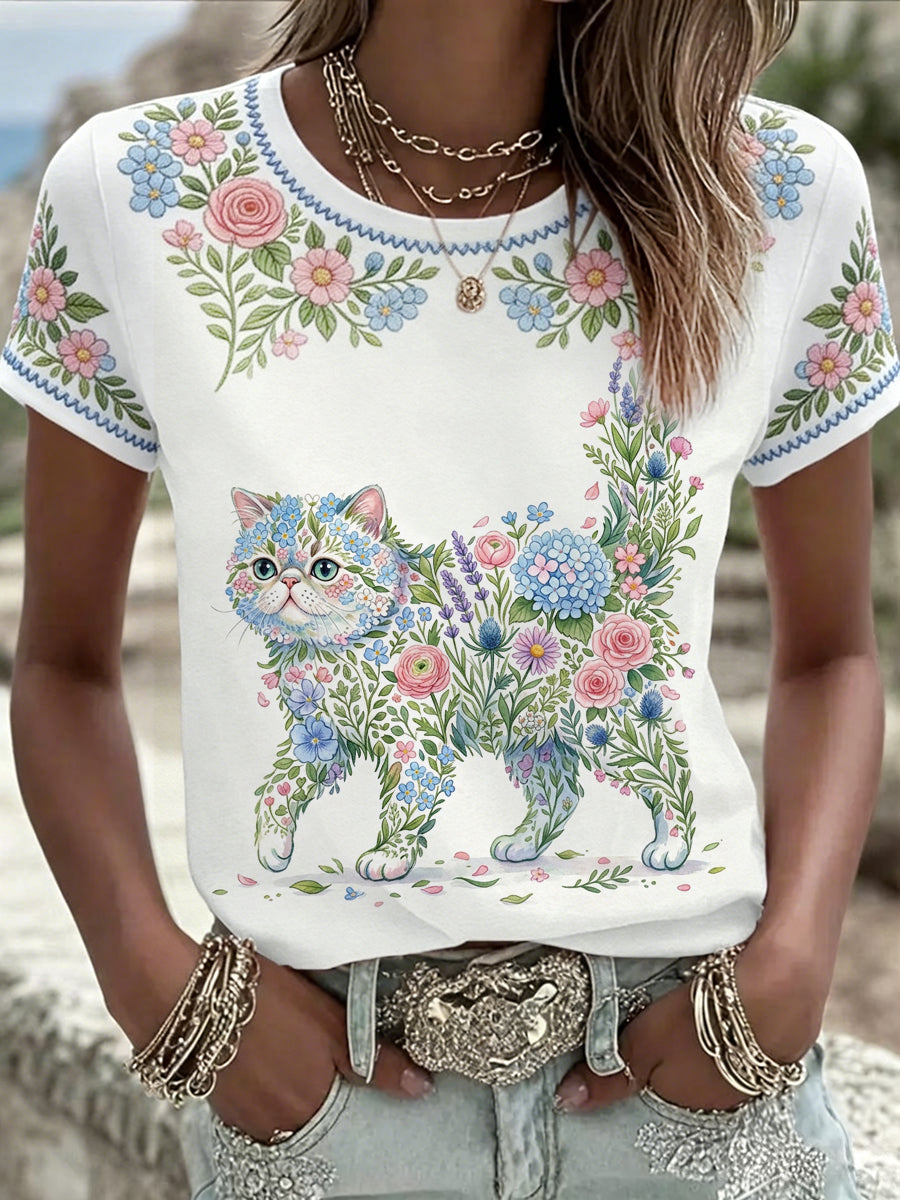 Women's Floral Cat Print Casual Tee gracestitchs