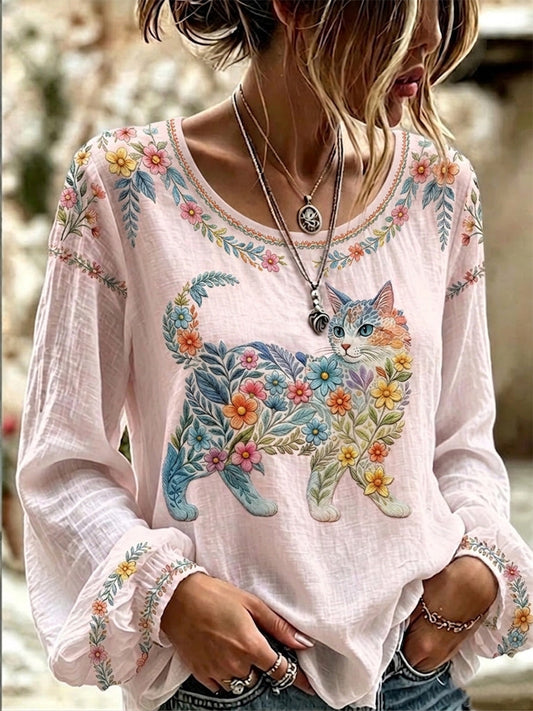 Women's Floral Cats Print Casual Long Sleeve Shirt gracestitchs