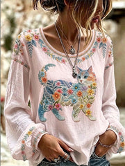 Women's Floral Cats Print Casual Long Sleeve Shirt gracestitchs