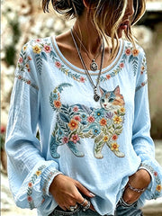 Women's Floral Cats Print Casual Long Sleeve Shirt gracestitchs