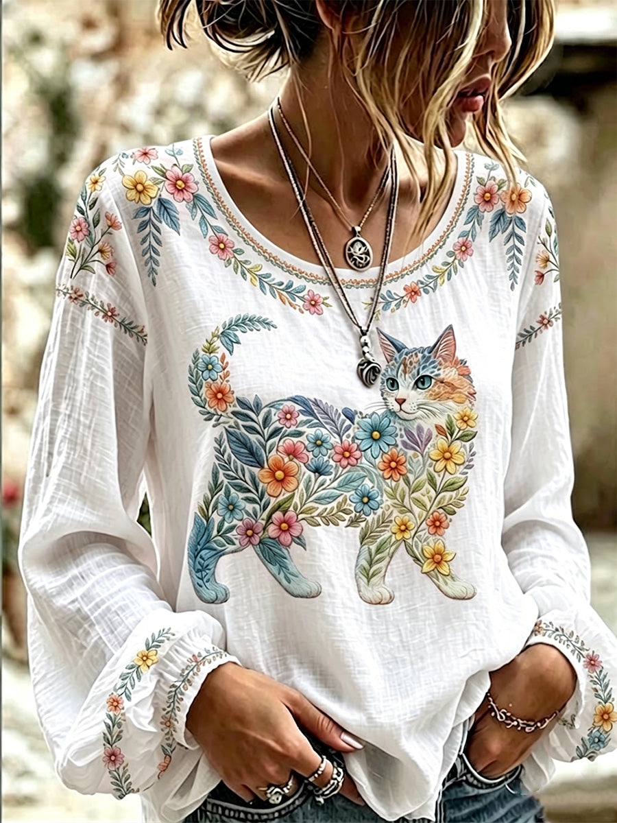 Women's Floral Cats Print Casual Long Sleeve Shirt gracestitchs