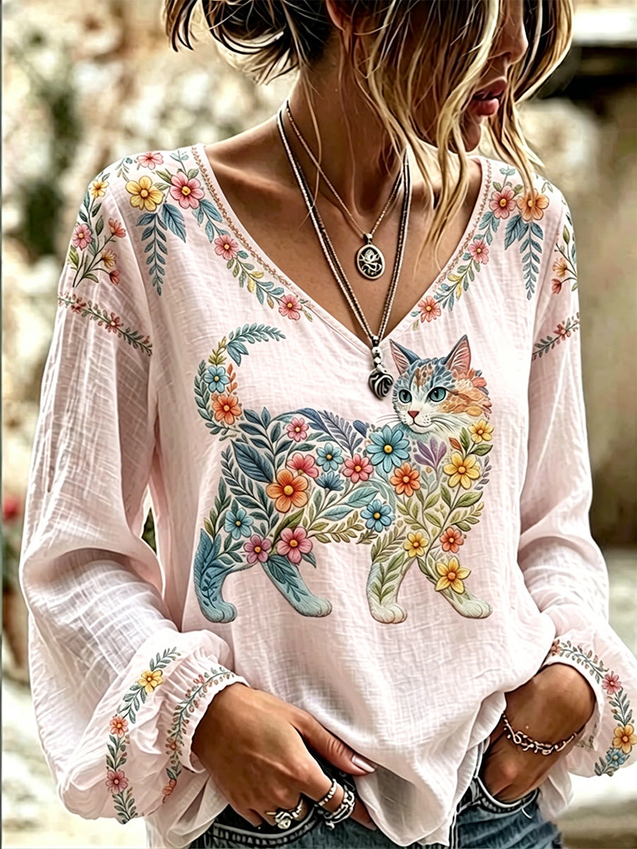 Women's Floral Cats Print Casual Long Sleeve V-Neck Top gracestitchs