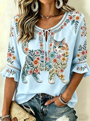 Women's Floral Cats Print Casual Top gracestitchs