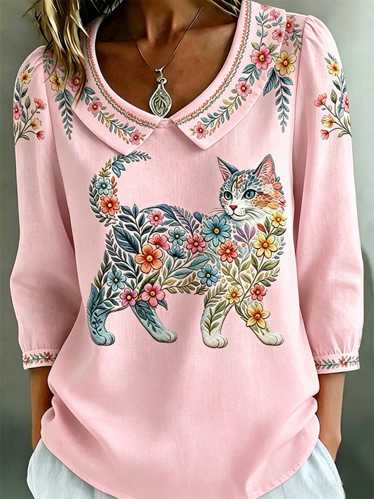 Women's Floral Cats Print Casual Top gracestitchs