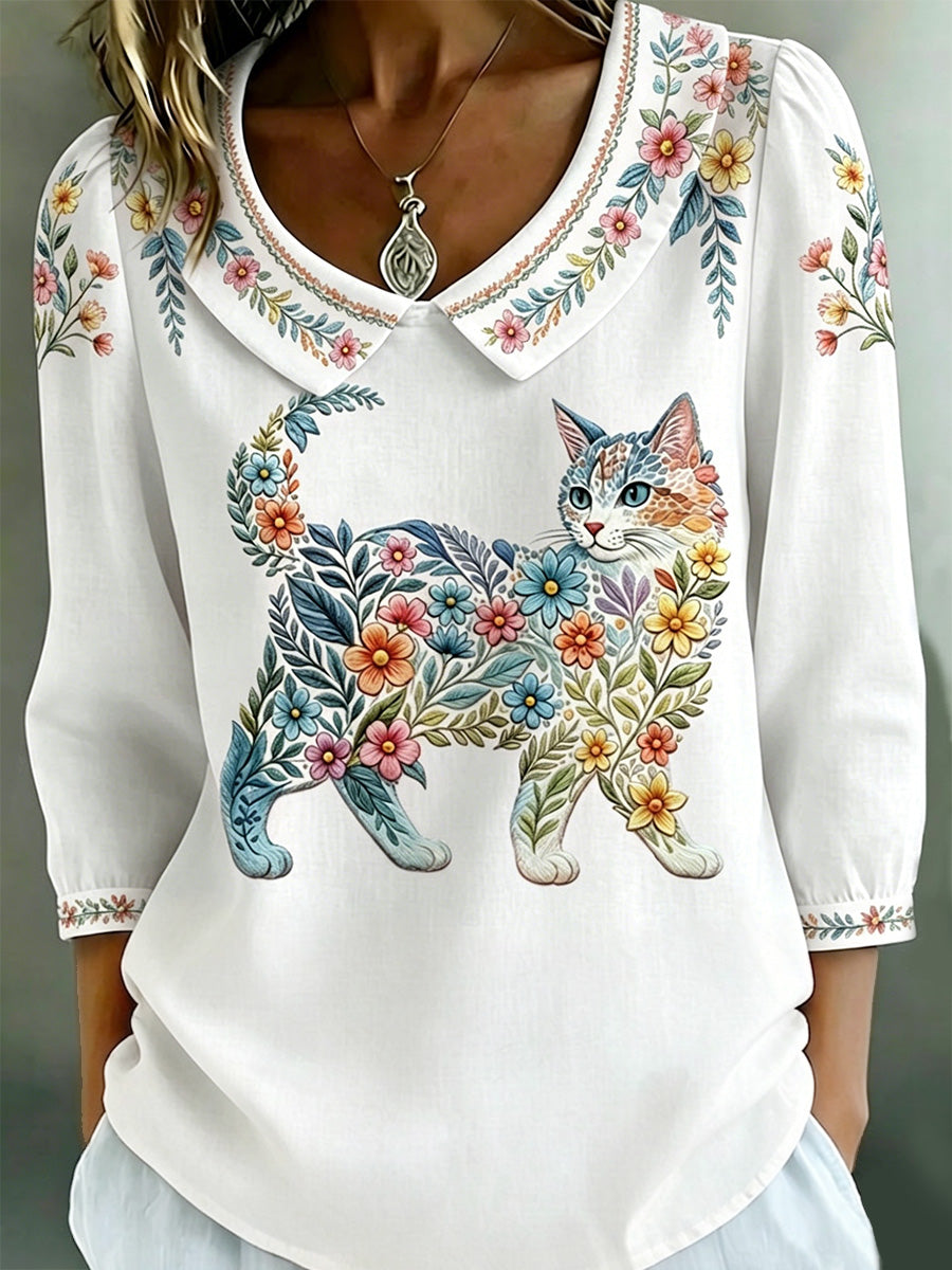Women's Floral Cats Print Casual Top gracestitchs