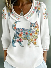Women's Floral Cats Print Casual Top gracestitchs