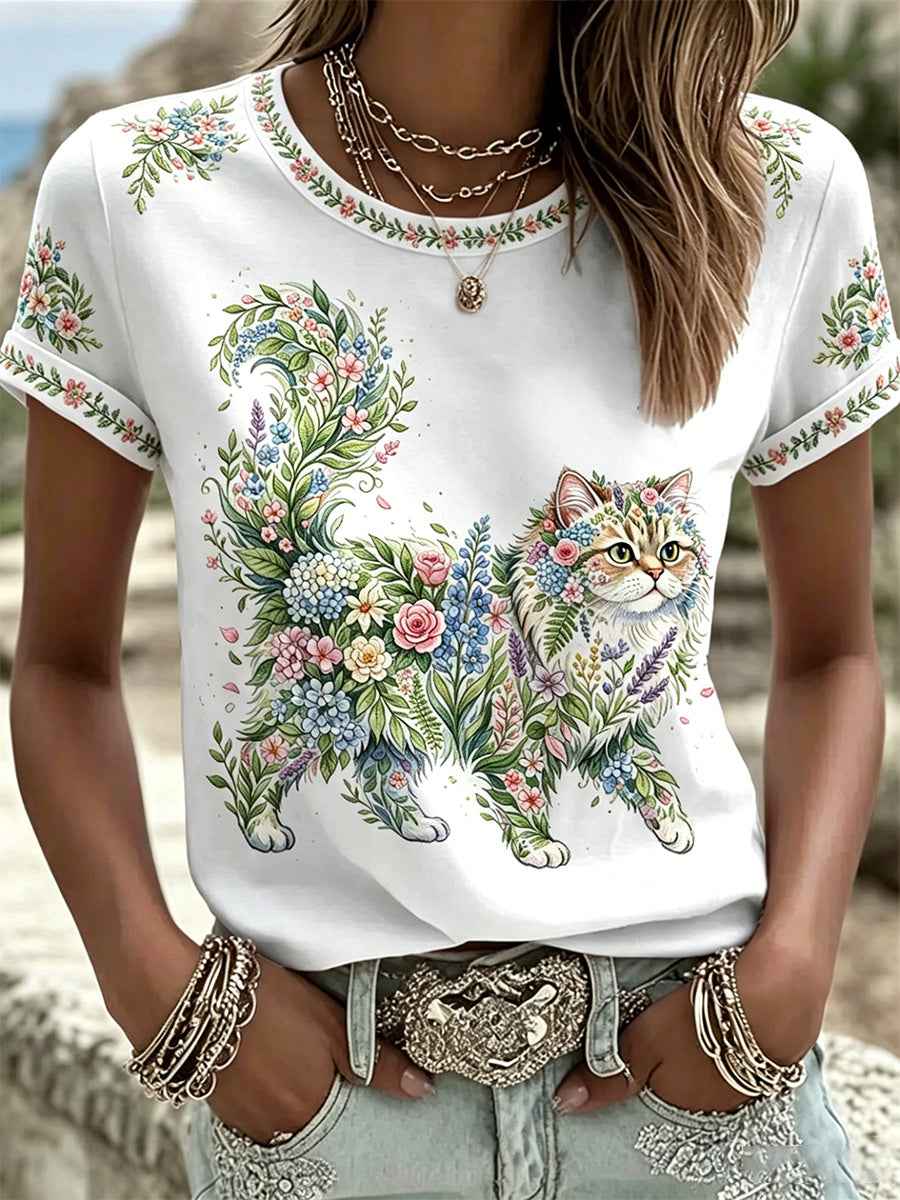 Women's Floral Cats Print Casual Tee