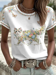 Women's Floral Cats Print Casual Tee