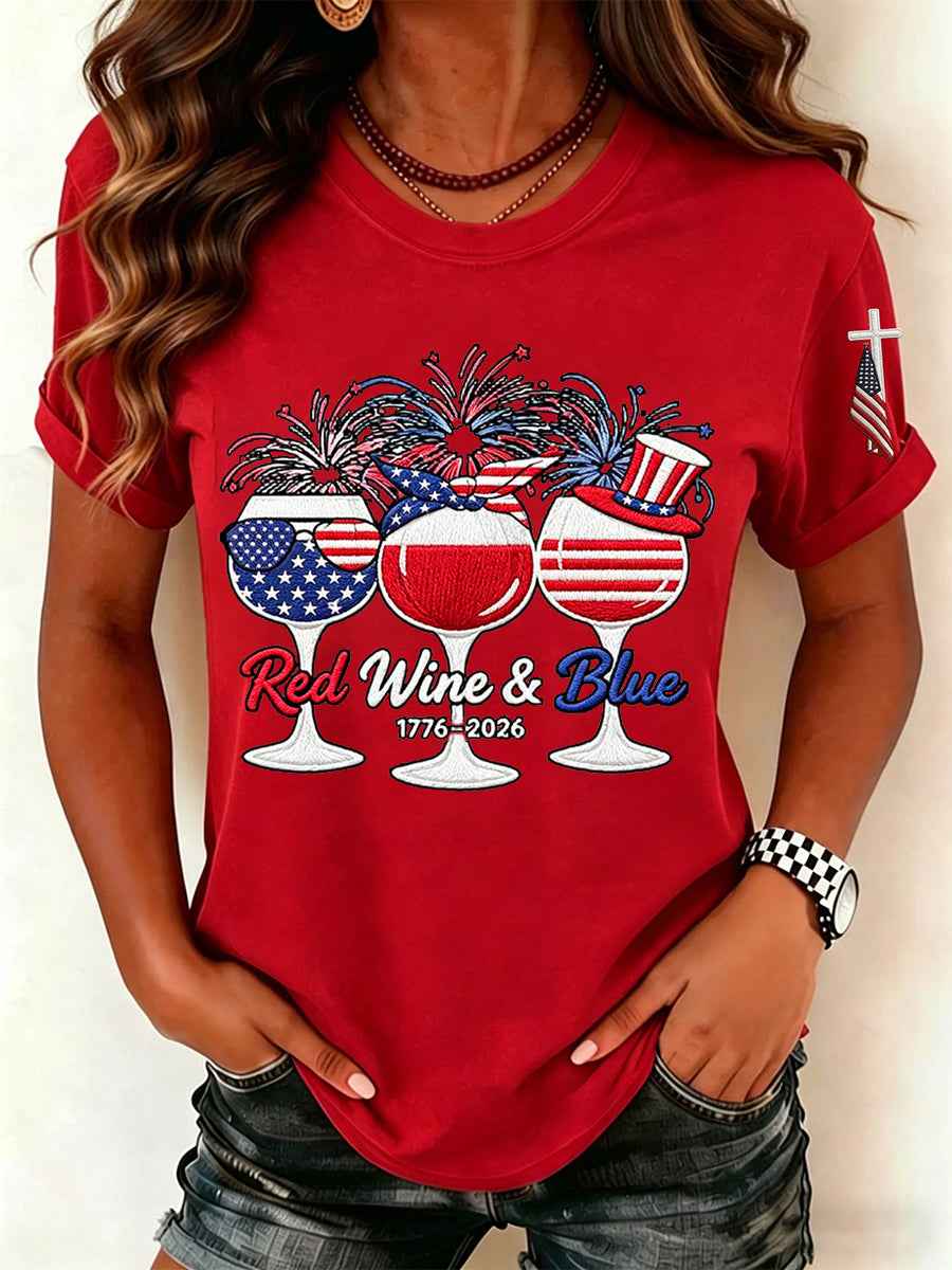 Women's Red Wine Blue Independence Day Print Casual Patriotic Tee
