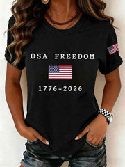 Women's USA Freedom American Flag Print Casual Independence Day Patriotic Tee