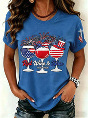 Women's Red Wine Blue Independence Day Print Casual Patriotic Tee