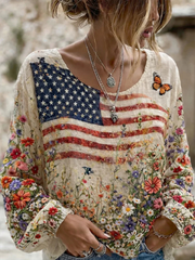 Women's American Flowers Cotton-Linen Shirt gracestitchs