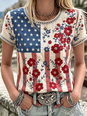 Women's Independence Day Flag & Floral Pattern Casual Short Sleeves Top