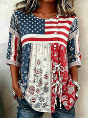 Women's American flag flowersCotton-Linen Button-Front Top with Ties gracestitchs