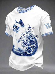 Men's Animal Cat Retro Unisex Casual Short-Sleeve T-Shirt