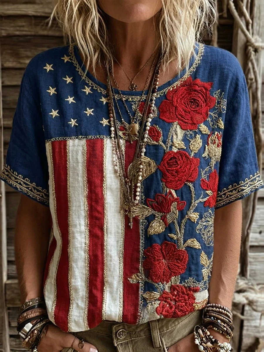 Women's American Flag Flowers Linen Short-sleeved T-shirt gracestitchs
