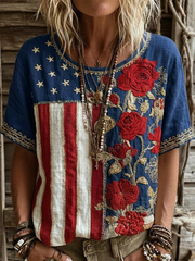 Women's American Flag Flowers Linen Short-sleeved T-shirt gracestitchs