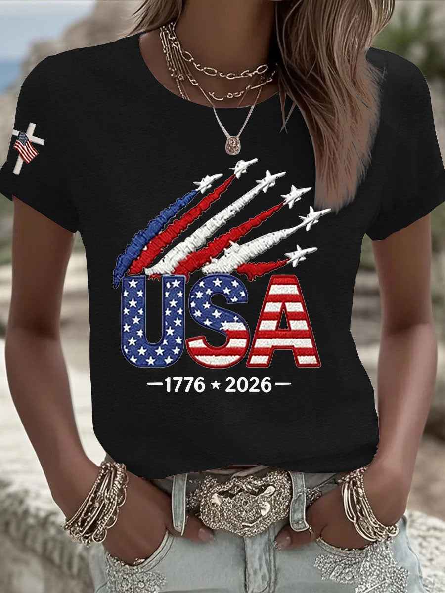 Women’s Usa Anniversary Flag Print Crew Neck Short Sleeve T-shirt
