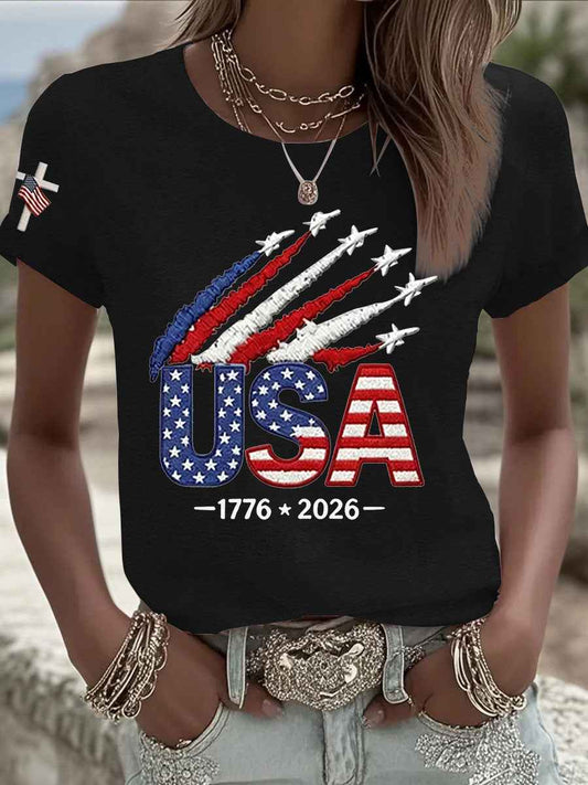 Womenās Usa Anniversary Flag Print Crew Neck Short Sleeve T-shirt