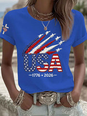 Women’s Usa Anniversary Flag Print Crew Neck Short Sleeve T-shirt