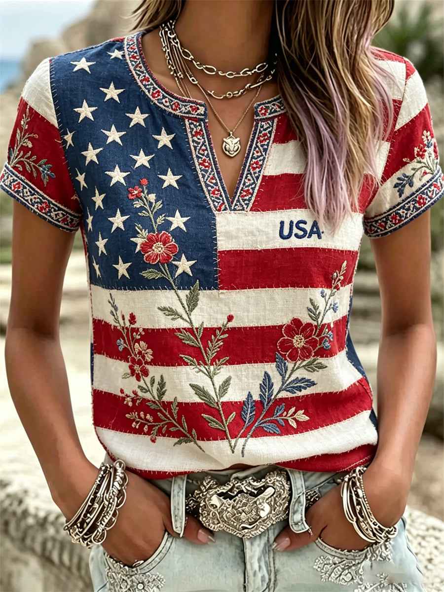 Women's America Floral Print V-Neck Casual T-Shirt