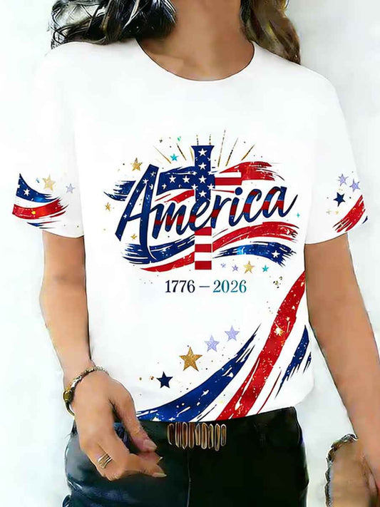 Women's Independence Day USA Flag Print Tee