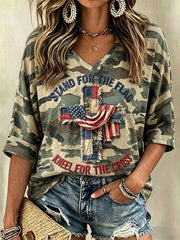 Women's Retro Independence Day Stand For The Flag Kneel For The Cross Flag Cross Art V-neck Top