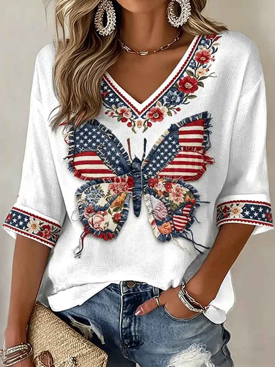 Women's Independence Day Flag Butterfly Art V-neck Top