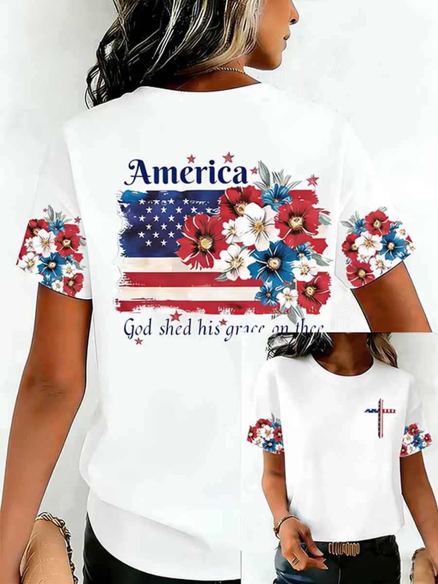 Women's Independence Day USA Flag Print Tee