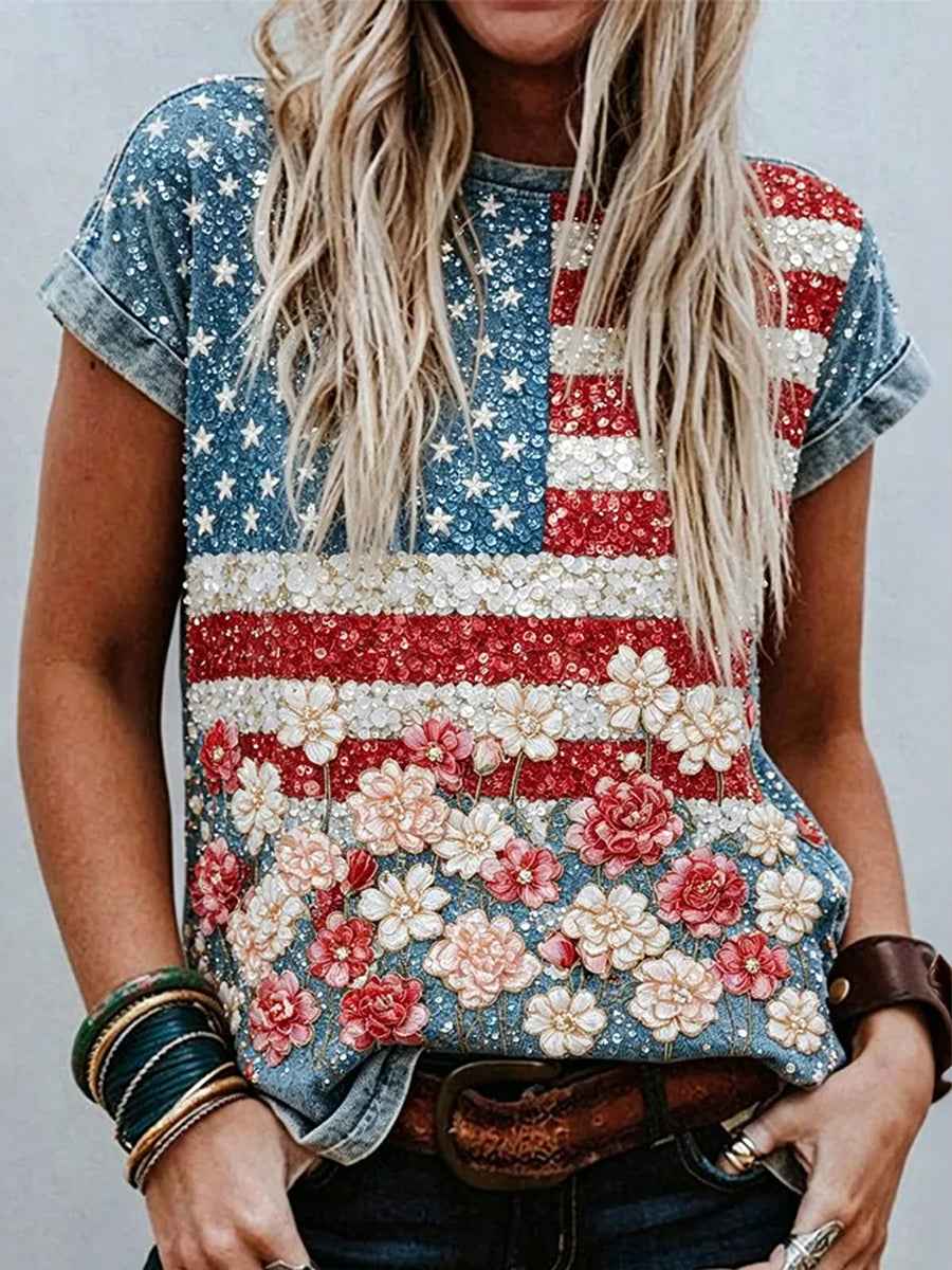 Women's Vintage Independence Day Flag With Flowers Art Casual Short Sleeve Top