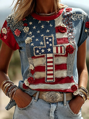 Women's National Flag Cross Print Short-sleeved T-shirt gracestitchs