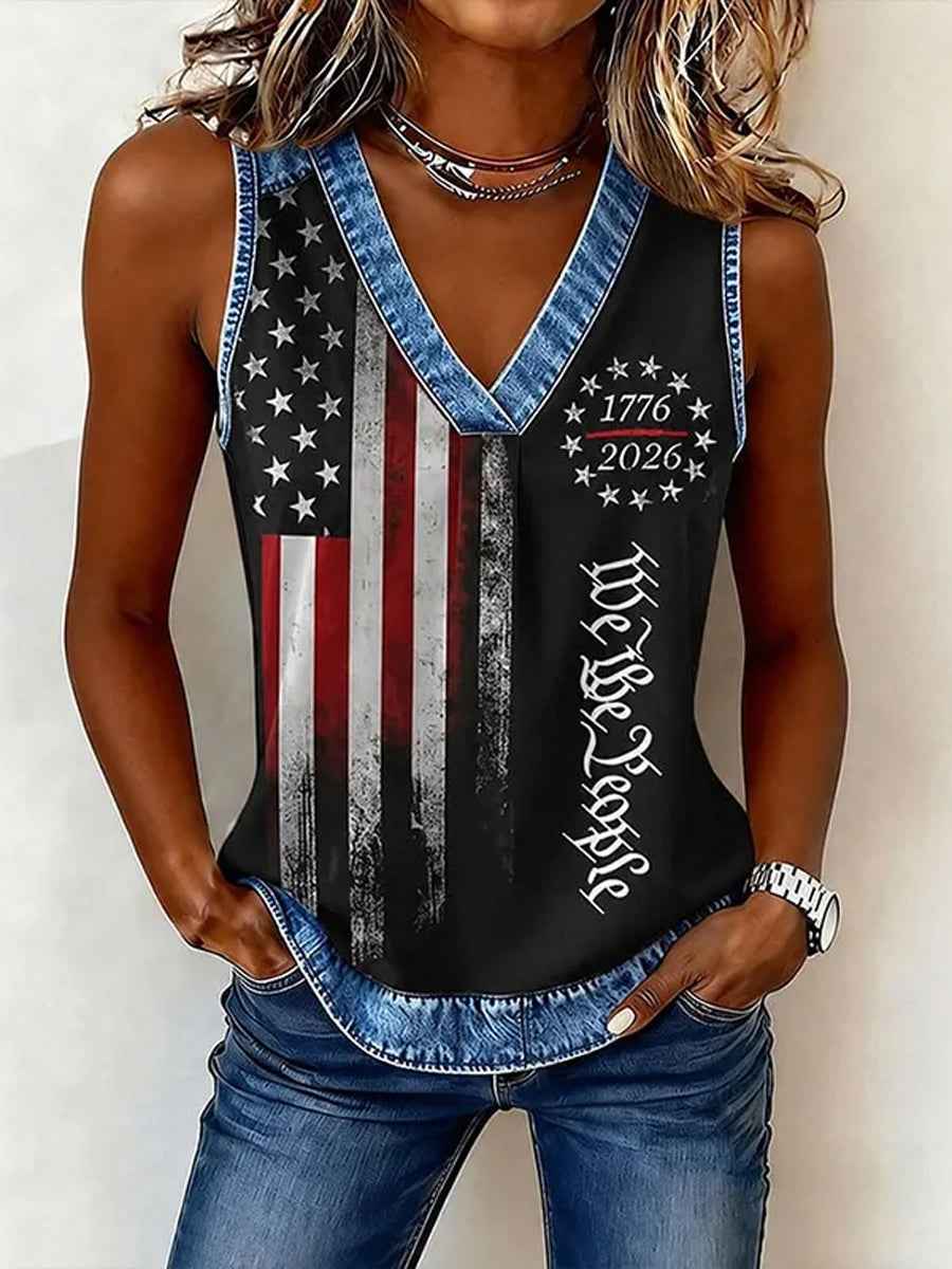 Women's Vintage Independence Day Flag Print V-neck Vest