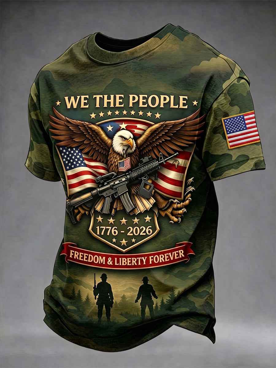 Men's Vintage Independence Day Flag Printed Short Sleeve T-shirt