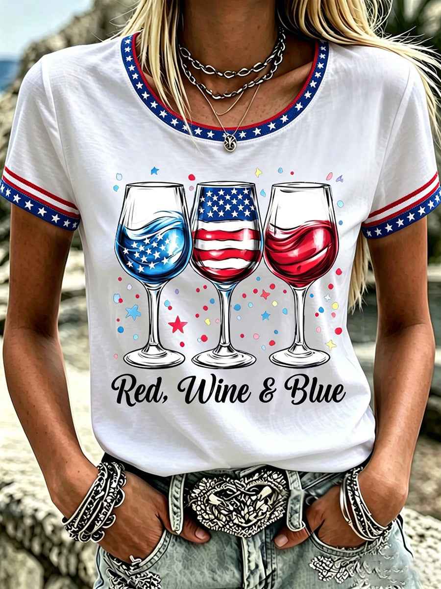 Women's Independence Day Red Wine Blue Print Tee