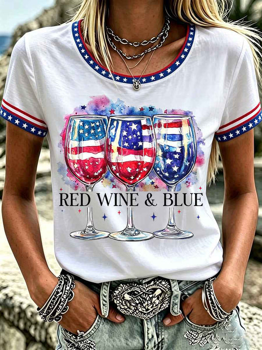 Women's Independence Day Red Wine Blue Print Tee