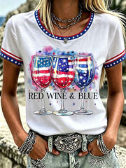 Women's Independence Day Red Wine Blue Print Tee