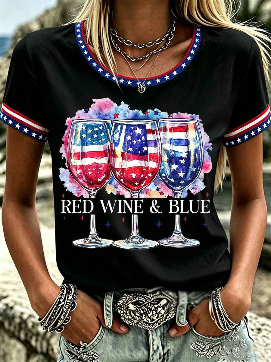 Women's Independence Day Red Wine Blue Print Tee