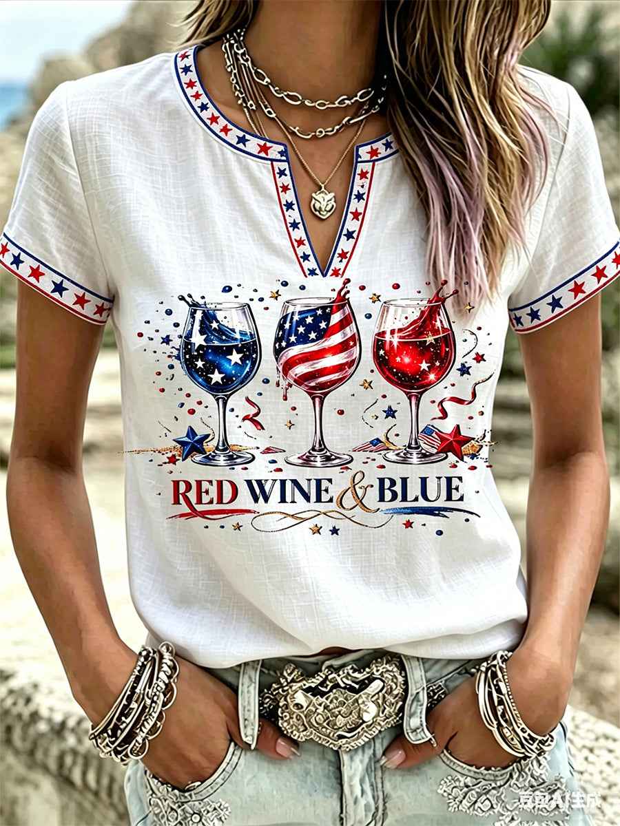 Women's Independence Day Red Wine Blue Print V-Neck Tee