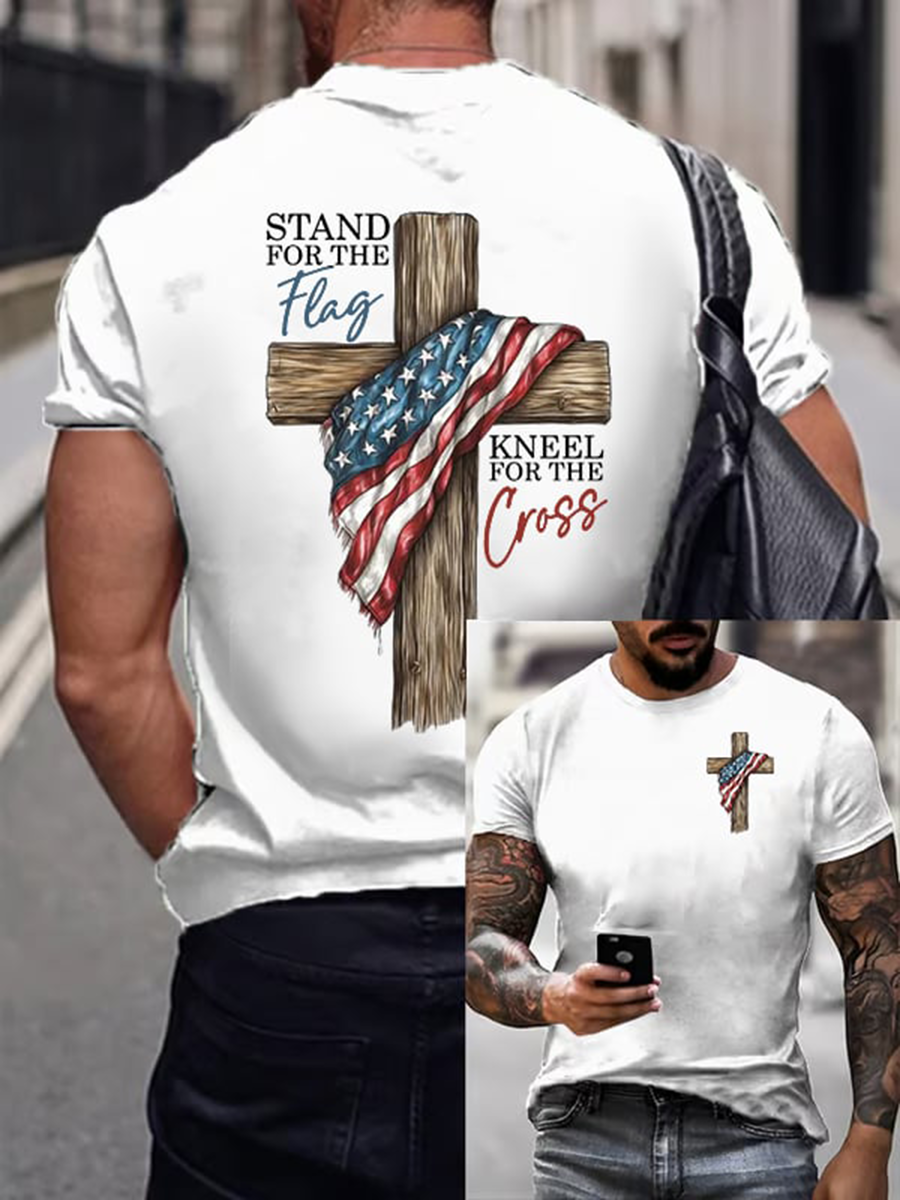Men's Stand For The Flag Kneel For The Cross Short-sleeved T-shirt gracestitchs