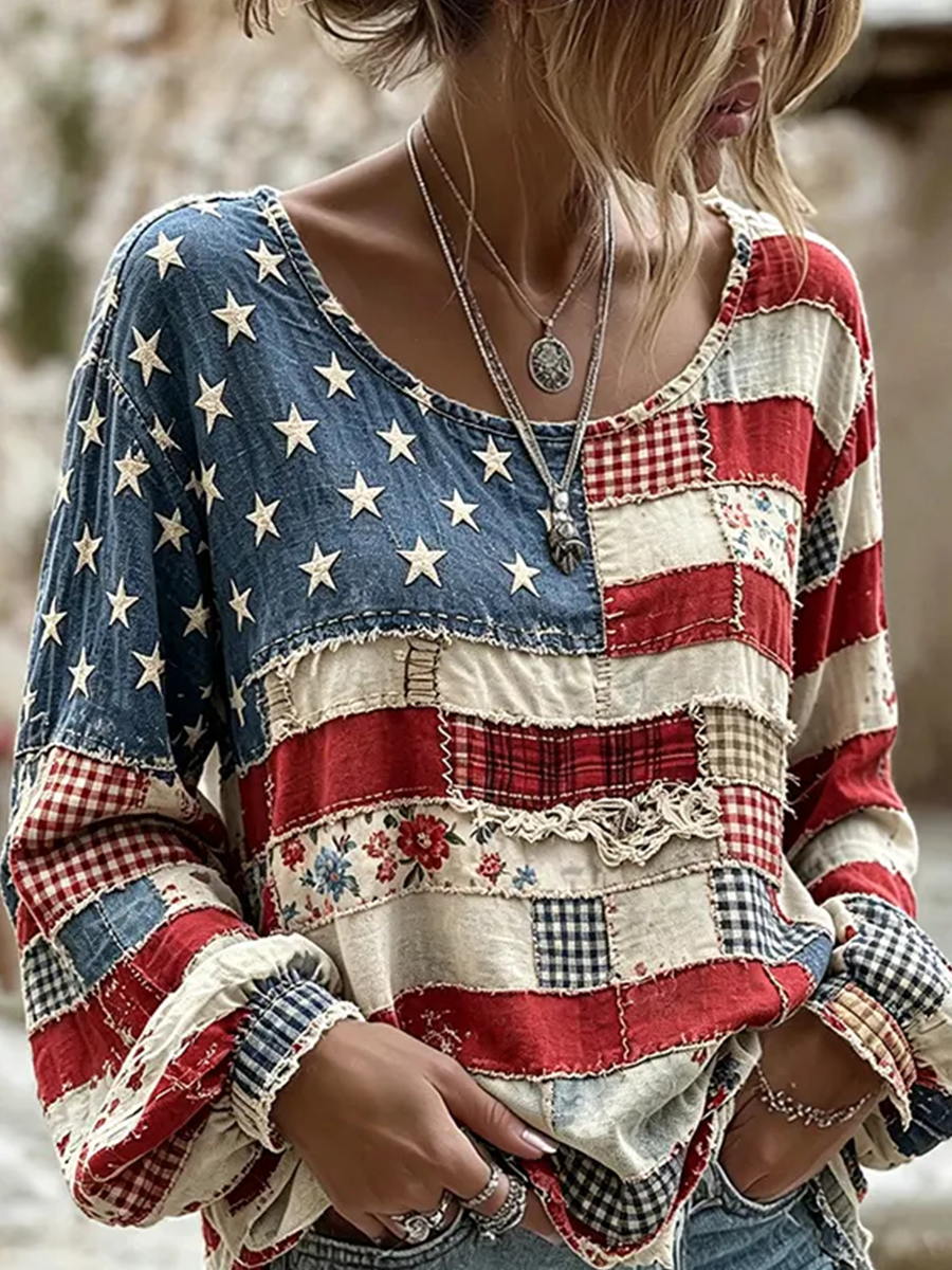 Women's National Flag Flower Patchwork Cotton-Linen Shirt gracestitchs